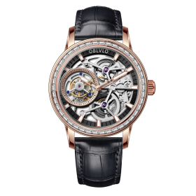 OBLVLO Luxury Men Tourbillon Mechanical Watches Designer Genuine Leather Steel Skeleton Dial Manual-Wind Watches VM-TB-DPBB