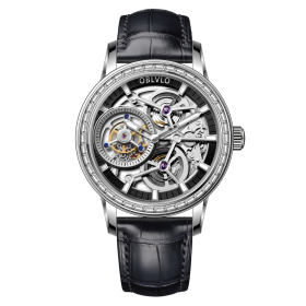 OBLVLO Luxury Men Tourbillon Mechanical Watches Designer Genuine Leather Steel Skeleton Dial Manual-Wind Watches VM-TB-DYBB