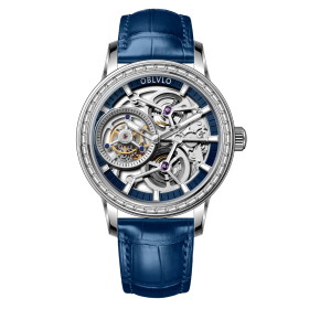 OBLVLO Luxury Men Tourbillon Mechanical Watches Designer Genuine Leather Steel Skeleton Dial Manual-Wind Watches VM-TB-DYLL