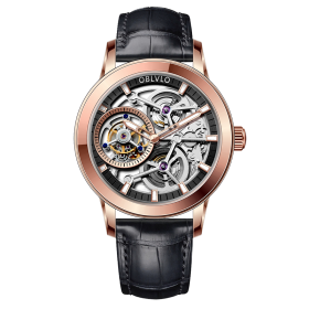 OBLVLO Luxury Men Tourbillon Mechanical Watches Designer Genuine Leather Steel Skeleton Dial Manual-Wind Watches VM-TB-PBB