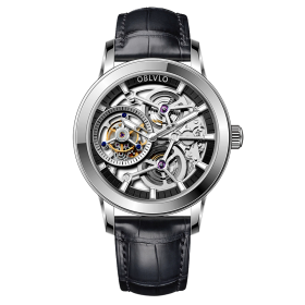 OBLVLO Luxury Men Tourbillon Mechanical Watches Designer Genuine Leather Steel Skeleton Dial Manual-Wind Watches VM-TB-YBB