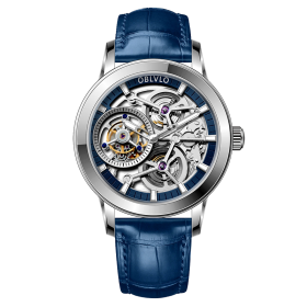 OBLVLO Luxury Men Tourbillon Mechanical Watches Designer Genuine Leather Steel Skeleton Dial Manual-Wind Watches VM-TB-YLL