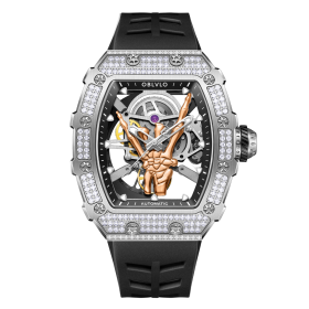 OBLVLO Hollow-out Mechanical Watch Fashion Tonneau Skeleton White Rubber Sport watches XM-FIG-D-YBBR